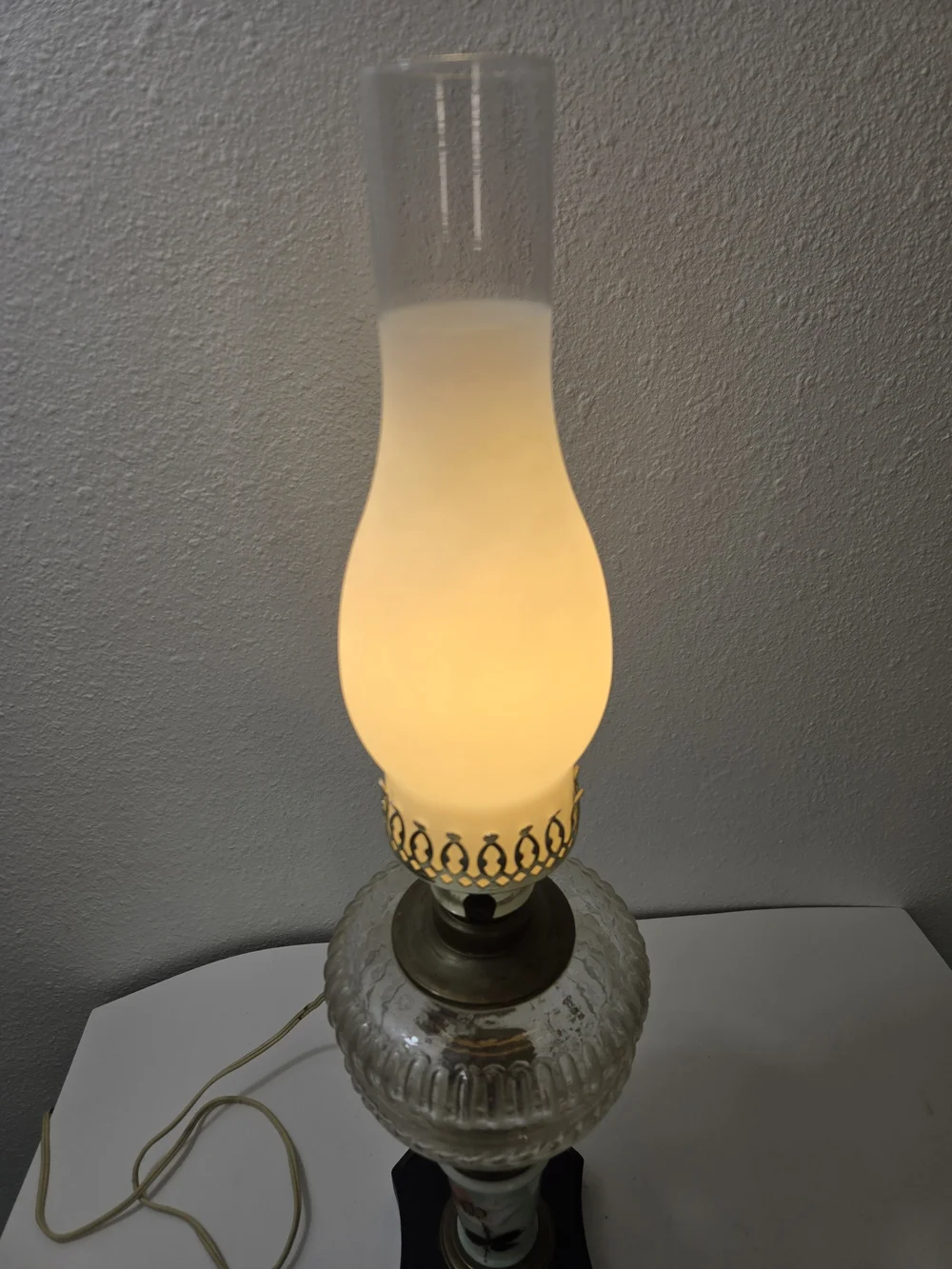 Vintage Glass Hurricane Table Lamp - White Frosted Shade